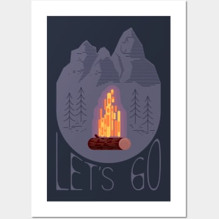 Campfire on a background of forest and mountains.Lets go. Posters and Art